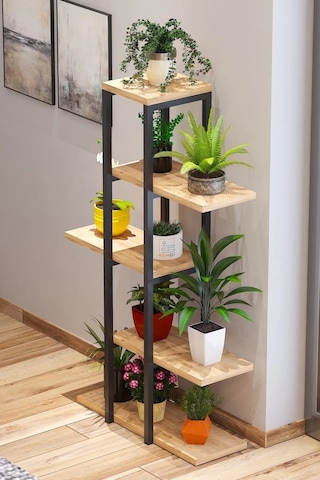 Modern Tasarımlı 5 Raflı Saksılık Metal Çiçek Rafı Çiçeklik Atlantik Çam