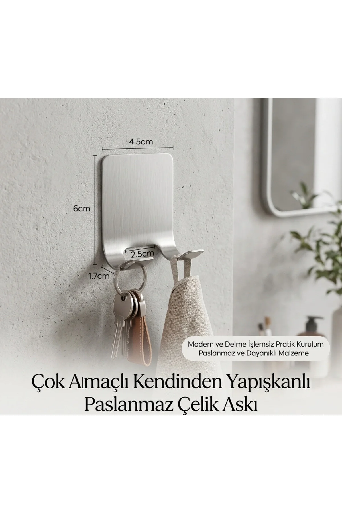 Kendinden Yapışkanlı Çok Amaçlı Paslanmaz Çelik Askı Ev-ofis-dış Mekan 2 Adet Açık Gri