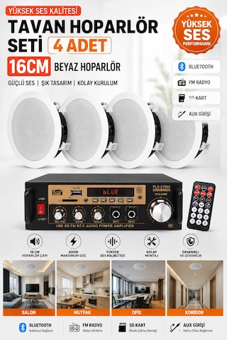 Tavan Hoparlör Seti 1 Adet Anfi 400w Bluetooth Usb Sd Fm + 4 Adet 16 Cm Tavan Hoparlör