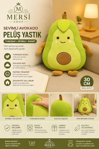 Sevimli Avokado Peluş Yastık Dekoratif Oyuncak Yastık 30 Cm Açık Yeşil