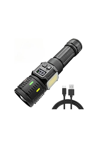 Geeksen 20w Usb Type-c Şarjlı 2000lm Led Feneri, 500m Menzil, Çift Işık Kaynağı Beyaz Lazer+cob , Teleskopik Yakınlaştırma, 9 Seviye Parlaklık, Alüminyum, 26650 Pil Siyah