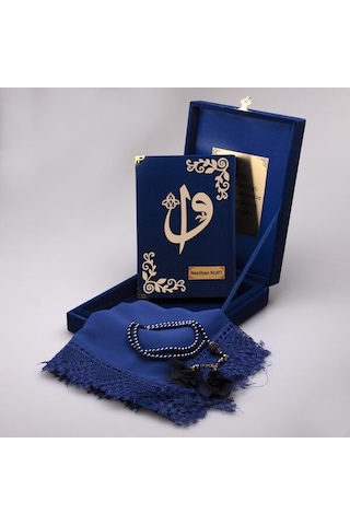 Plaket Kutulu Kur'an-ı Kerim Seti - Mavi Mevlit Örtü Tespih