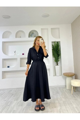 Ahes Shopping Kadın Keten Kumaş Gömlek Ve Etek Ikili Takim Siyah