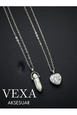 Çelik Beyaz Havlit Taşı Çift Sevgili Kolyesi 316l Çelik Şans Bilekliği Hediyeli Gümüş