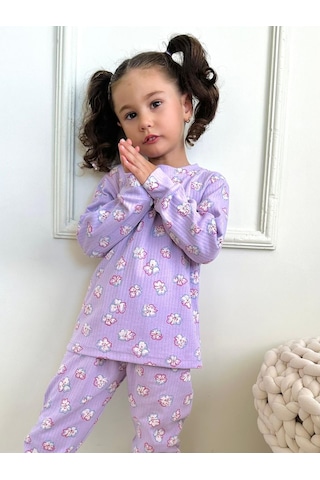 Kız Çocuk Fitilli Kumaş Çiçek Desenli Pijama Takımı Esnek Kumaş Yeni Sezon Mor Renk Mor
