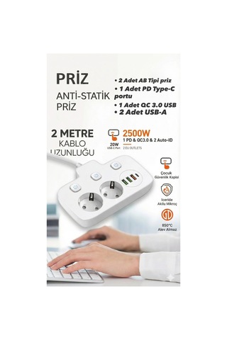 Akım Korumalı 2500w Güçlü 3 Usb + Type-c Portlu Çoklu Priz Hızlı Şarj, Çocuk Kilidi, 2 Metre 0 - 2 M