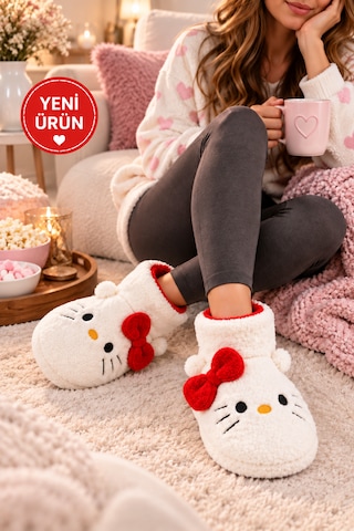 Moon Cloud Moo Kadın Peluş Pudra Hello Figürlü Ev Botu Kışlık Sıcak Tutan Yumuşak Tabanlı Sevimli Terlik Ev Panduf Ev Beyaz - Kırmızı