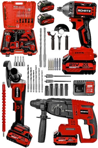 Schatz 21v Kömürsüz Çift Akülü Şarjlı 3'lü Set Spiral Taşlama + Kırıcı Delici Hilti + Somun Sıkma Sökme Makinesi Kırmızı