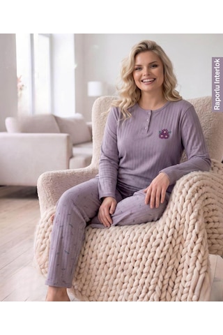 Boyraz Lindros Kadın Düğme Yaka Raporlu İnterlok Kışlık Battal Pijama Takımı 03016 - 1 Adet Lila
