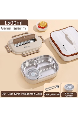 Valkyrie 1500 Ml Termal Yemek Kutusu 304 Paslanmaz Çelik Sızdırmaz Isı Yalıtımlı Çantalı I Telefon Tutuculu Krem