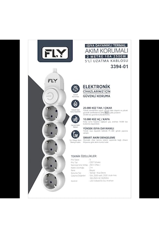 Fly 3394-01, 5 Soket, Akım Korumalı Priz, 2.1a, Anahtarlı, 2mt Kablo, Beyaz
