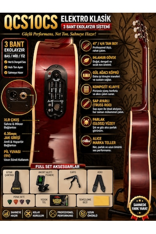 Qcg10cs Elektro Klasik Gitar Ve Seti 3 Bant Ekolayzır Üst Seviye Sahne Performansı Full Aksesuar Hediye Yeni Ürün Natural