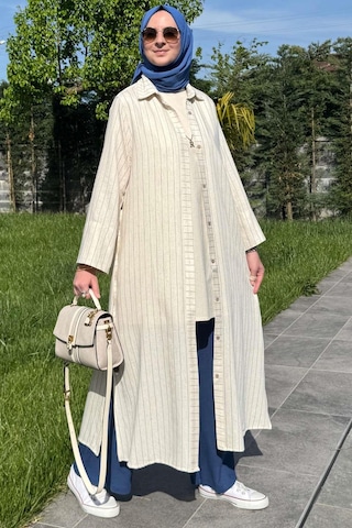 Rabia Şamlı Çizgili Natural Kap İndigo Normal