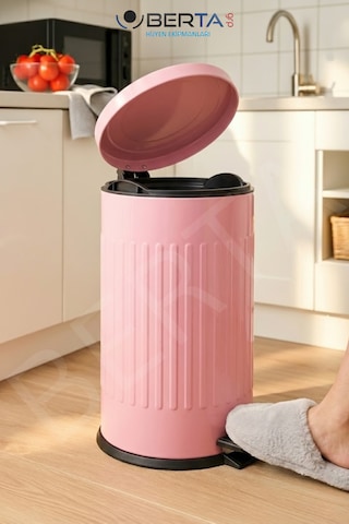 Vintage Krem Çöp Kovası Amortisörlü Kapak Çizgili Lüks Model 16lt Pembe
