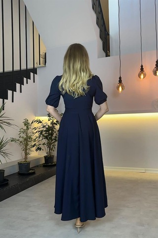 G0505 Kruvaze Yaka Kuşaklı Asimetrik Elbise Lacivert-lacivert