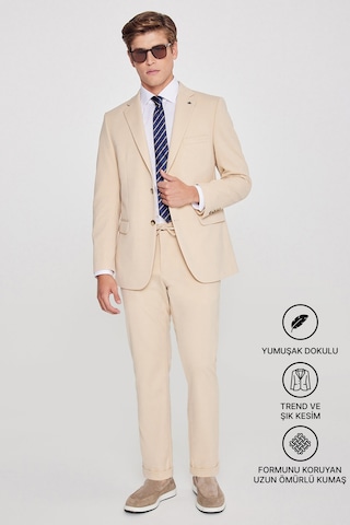Erkek Bej Slim Fit Dar Kesim Mono Yaka Beli Bağlamalı Kapak Cepli Esnek Takım Elbise Bej
