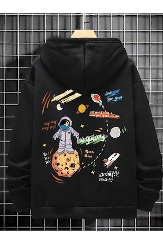 Altamira Erkek Siyah Sırt Uzay Baskılı Oversize Kapşonlu Sweatshirt 001