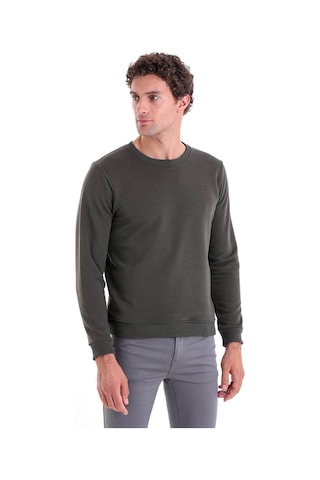 Hatemoğlu Haki Regular Fit Düz Pamuklu Bisiklet Yaka Sweatshirt Haki