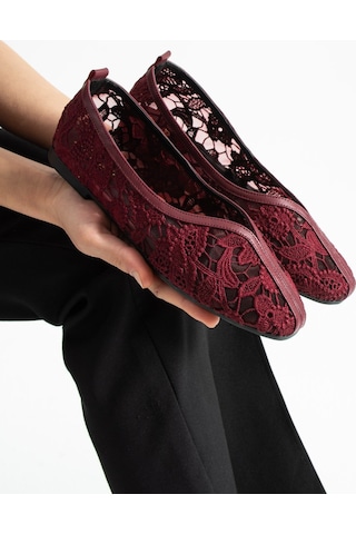 Dabab Shoes Florıa Dantel Kadın Bordo Düz Babet Dantel Dokuma Çiçek Desenli Zarif Günlük Ayakkabı