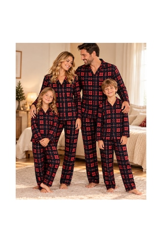 Free Beka Ekose Desenli Kırmızı Uzun Kollu Önden Düğmeli Gömlek Yaka Aile Pijama Takımı Kombini Lacivert