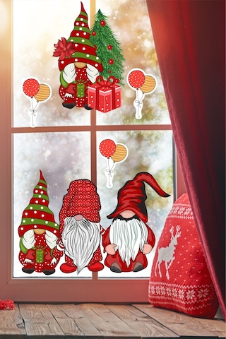Yılbaşı Cüceler Ve Balonlar Pencere Sticker Yılbaşı Sevimli Cüceler Sticker