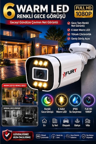 Fury 5mp Lens 1080p 6 Warm Led Renkli Gece Görüşlü Ip66 Dış Mekan Geniş Açılı Güvenlik Kamerası