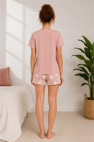 Pijamask Kadın Pudra Pembe Baskılı Kısa Kollu Pijama Takımı Pembe