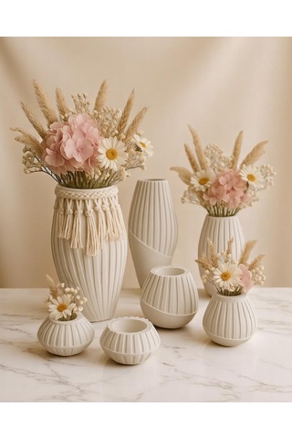 4 Lü Çizgili Dekoratif Vazo Seti El Yapımı Özgün Tasarım Beyaz