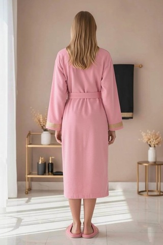 Premium %100 Pamuk Unisex Şalyaka Cepli Bornoz Seti 4 Parça Havlu Terlik Takımı Pembe Pembe