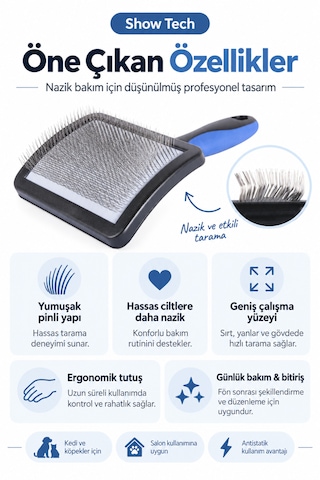 Showtech Universal Yumuşak Pinli Kedi Köpek Hassas Tarama Fırçası Büyük Boy