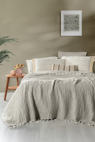 Sarev Naya Bej %100 Pamuk Keten Çift Kişilik Yıkamalı Yatak Örtüsü Bej