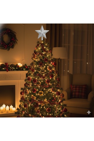 Yılbaşı Ağaç Tepeliği 20 Cm - Gümüş Simli Ve Yıldız Dolgulu Büyük Boy Lüks Çam Ağacı Dekorasyonu Diğer