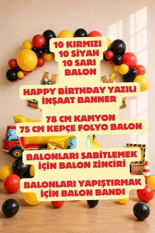 İnşaat Temalı Doğum Günü Balon Seti Kırmızı Siyah Sarı Happy Birthday Kamyon Kepçe