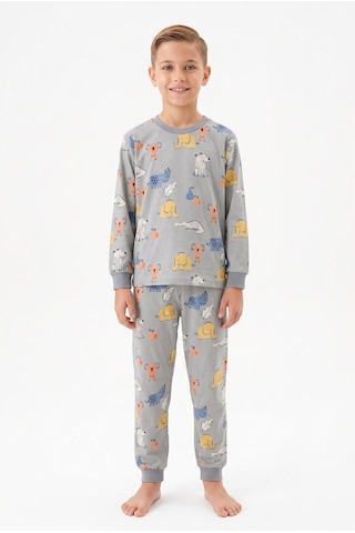 Bunny Hopp Erkek Çocuk Uzun Kollu Pijama Takımı %100 Pamuk Safari Hayvan Desenli Penye Gri