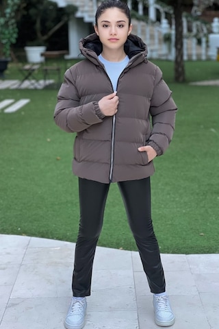 Kız Çocuk Kapüşonlu Cepli Su Geçirmez Nova Kumaş Kışlık Mont Km4011 Kahverengi