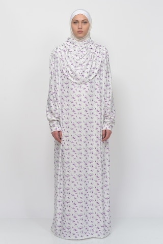 Pratik Tek Parça Çiçek Desenli Kollu Tak Çıkar Başörtülü Likralı Tesettür Namaz Elbisesi 990-0201 Mor Antrasit