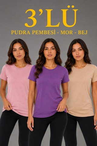 Alfanora Kadın 3 Lü Kısa Kollu Bisiklet Yaka Basic Slim Fit T-shirt - Pudra Pembe - Mor - Bej Çok Renkli