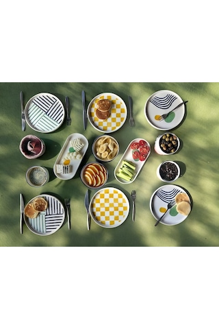 Kevin Seramik Modern Hand Made 14 Parça 6 Kişilik Lüxs Kahvaltılık Sunum Tabağı Beyaz - Yeşil