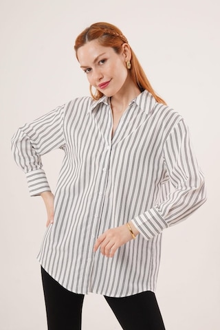 Çift Çizgi Geçişli Düğmeli Gri Gömlek Karışık Çok Renkli