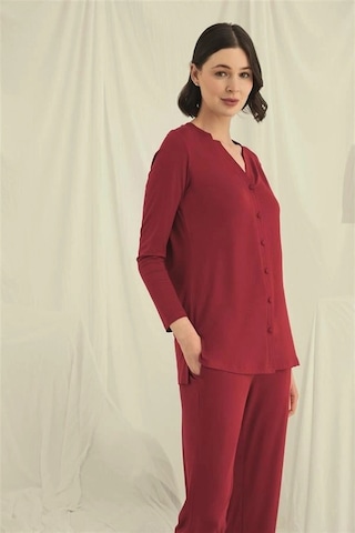 Will Like Uzun Kollu Boydan Düğmeli V Yaka Pijama Takımı Kırmızı