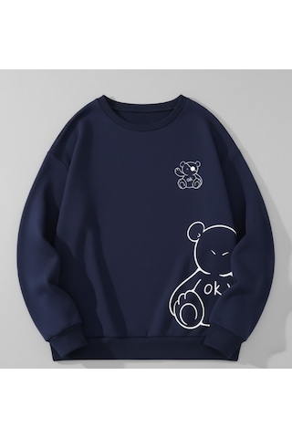 Elora Unisex Erkek/kadın Ok Bear Özel Renkli Baskılı Oversize Bisiklet Yaka Sweatshirt Lacivert