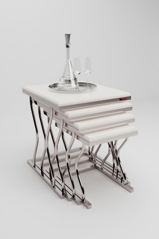 Arden Elite 4'lü Kare Zigon Sehpa Seti Gümüş Krom Ayak, Krem Mdf Beyaz