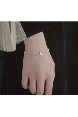 925 Ayar Gümüş Kristal Tasli Çift Sıra Zincirli Kelebek Bileklik