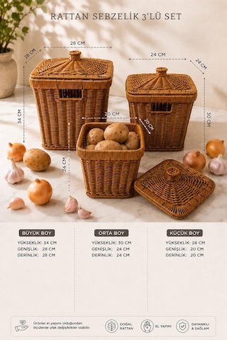 3'lü Kare Patates Soğan Sarımsak Sepeti Seti - Rattan Düzenleyici Kapaklı Sebzelik Soğanlık Hasır