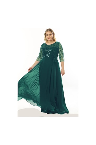 Ladies First Büyük Beden 3855 Zümrüt Uzun Abiye Elbise 001