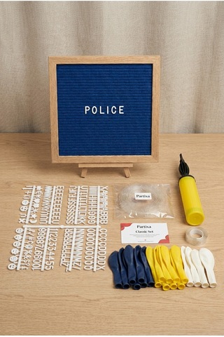 Polis Temalı Doğum Günü Süsleme Classic Set Koyu Mavi Keçe Yazı Panosu Standlı Balon Zincirli El Pompası Polis Seti Çocuk