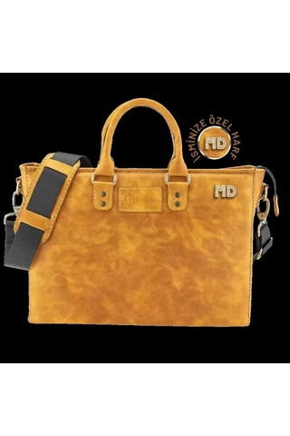 İsme Özel Günlük Kullanım El Omuz Evrak Laptop Çantası - %100 Deri - Ac09004 - Hardal Sarısı-128630 Siyah