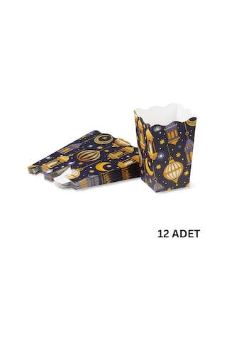 12li Ramazan Temalı Patlamış Mısır, Şeker Kutusu, Hediye Popcorn, İkram Kutusu, 6x6x11 Cm, Lacivert Lacivert