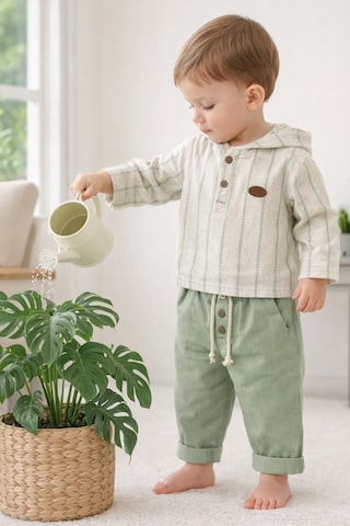 Babyhola Erkek Bebek Bayramlık Takım Müslin Kumaş Kapüşonlu Üst Ve Pantolon Set 2219 Yeşil