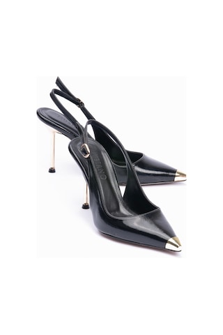 Mubiano Kadın Stiletto Sivri Burun Metal Burun Detaylı Arkası Açık Topuklu Ayakkabı Violeta Siyah Siyah